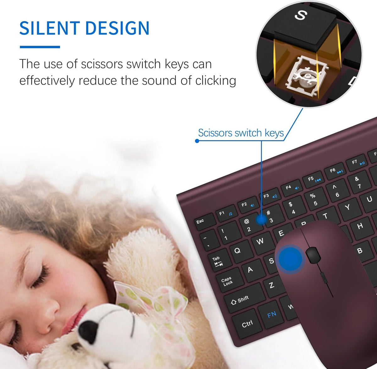 Wireless Keyboard and Mouse Ultra Slim Combo, TopMate - Wine Black