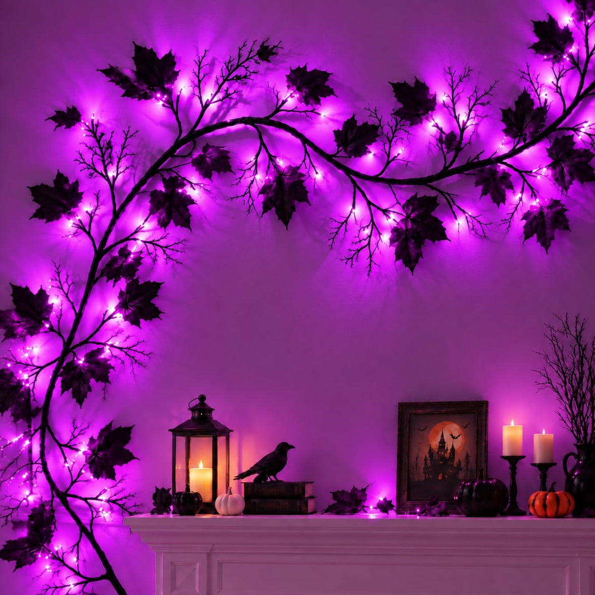 Halloween Garland with Purple Lights, 9 FT Black Maple Leaves, 72 LEDs