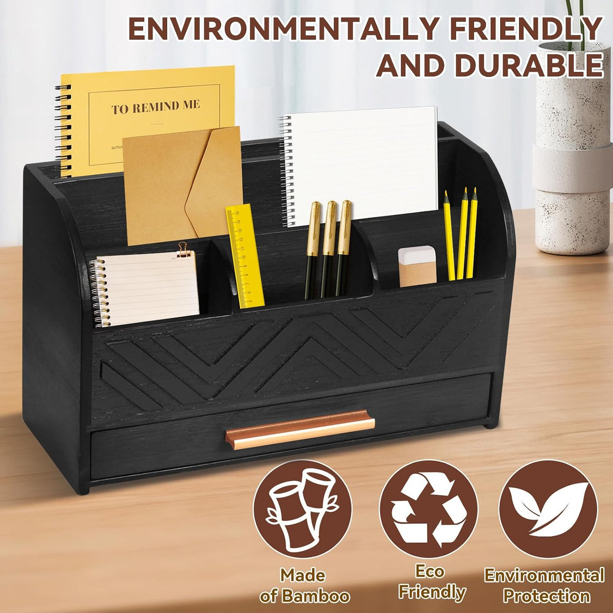 Charmewooden Black Desktop Organizer with Drawer Storage, White Desk Organize...