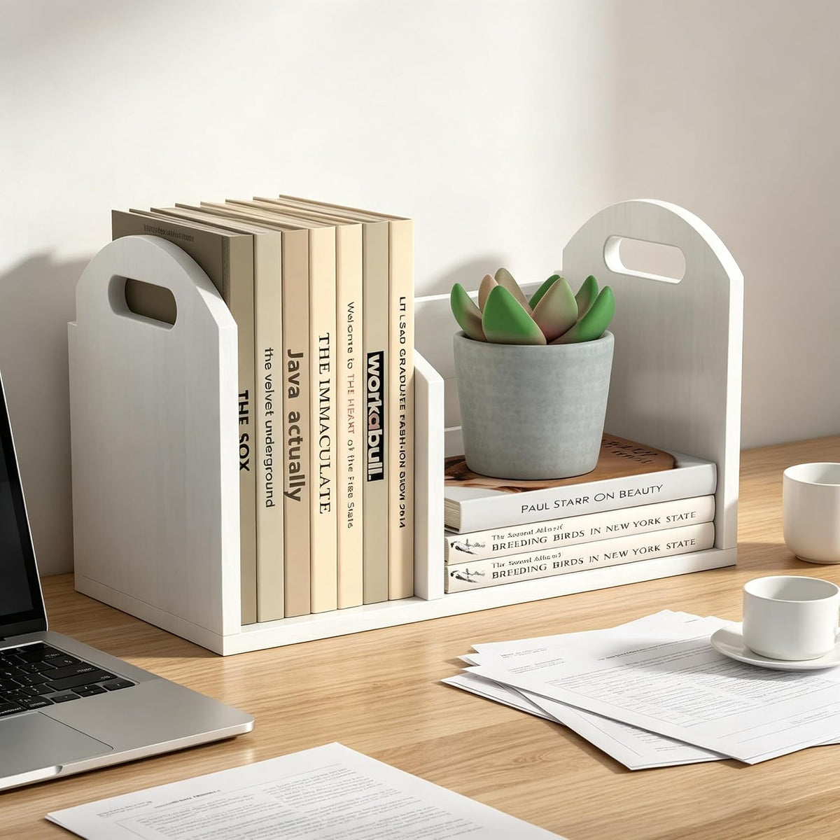 Wood Desktop Bookshelf, Upright Tabletop Book Shelf With Adjustable Divider S...