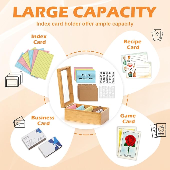 3x5 Index Card Holder with Dividers Bamboo Index Card Organizer Index Card - Image 4