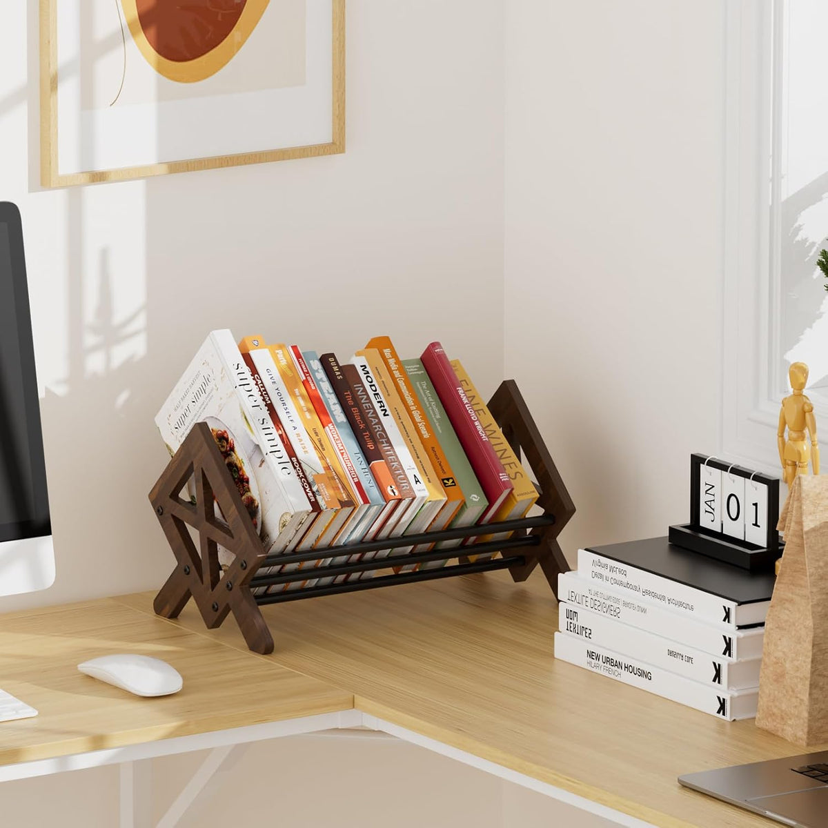 Desktop Bookshelf Organizer, Wood Office Tabletop Book Storage Rack, Tilting ...