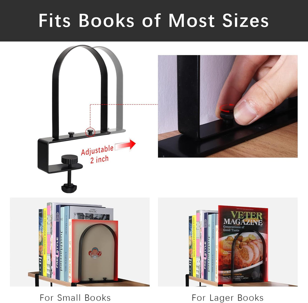 WOMACO Book Ends for Heavy Books, Heavy Duty Bookend for Shelves, Super Steady Clamp-On Non-Skid Metal Book Shelves Holders Stoppers for CDs, Vinyl Records (Black, 6 Pairs)