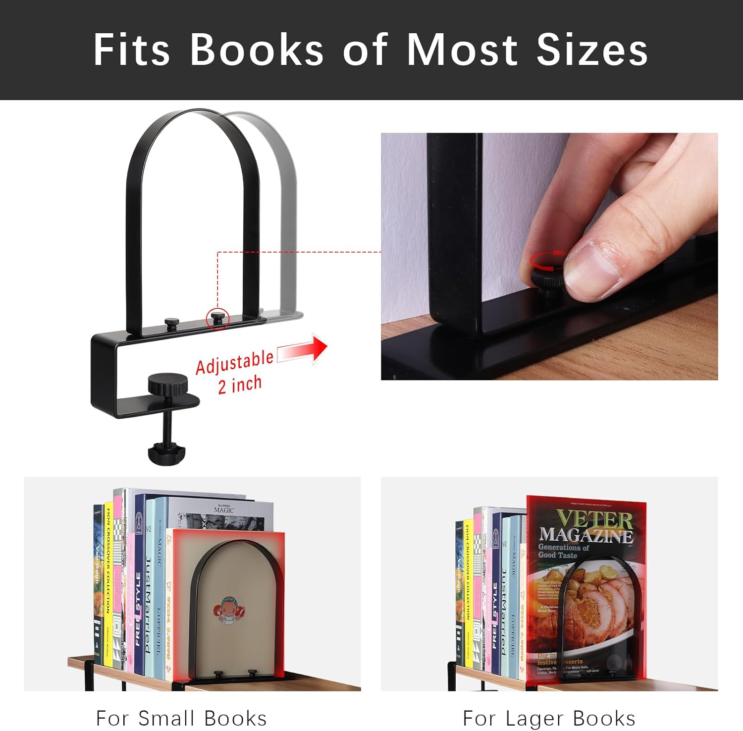 WOMACO Book Ends for Heavy Books, Heavy Duty Bookend for Shelves, Super Steady Clamp-On Non-Skid Metal Book Shelves Holders Stoppers for CDs, Vinyl Records (Black, 6 Pairs)