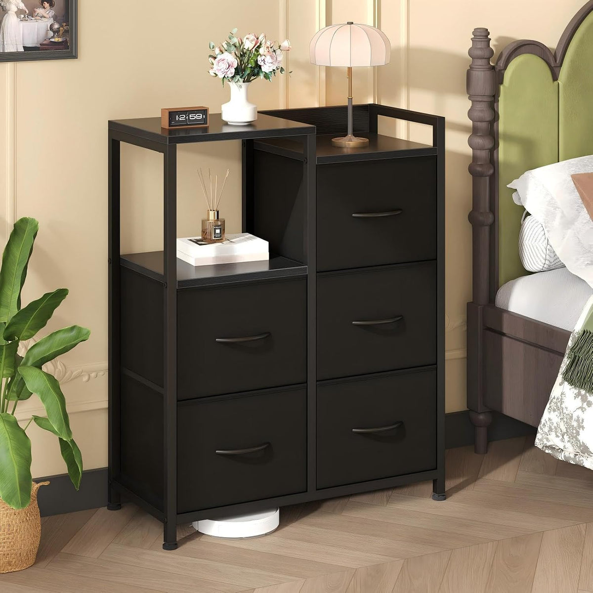 OLIXIS Fabric Dresser, 5 Drawer Storage Tower with Open Shelf, Black