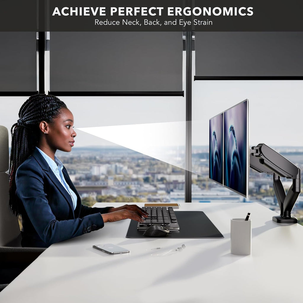 mount-it! dual monitor desk mount, 13-32", 17.6 lbs showing dimensions