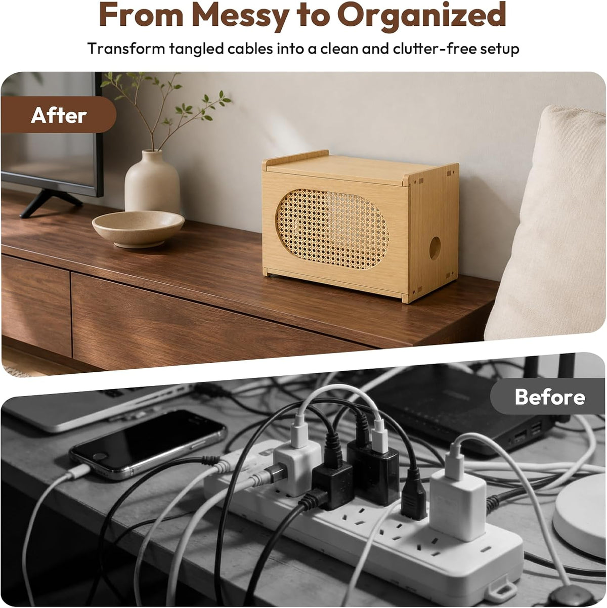 Natural Wood Router Box Hider with Rattan Doors, Tabletop Cable Management Ca...