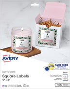 Avery® Printable Square Labels, Sure Feed® Technology, 3" x 3", Matte White, Permanent Adhesive, Laser/Inkjet Printable, 150 Blank Labels, Great for Product Merchandising, Stickers, and More (5659)