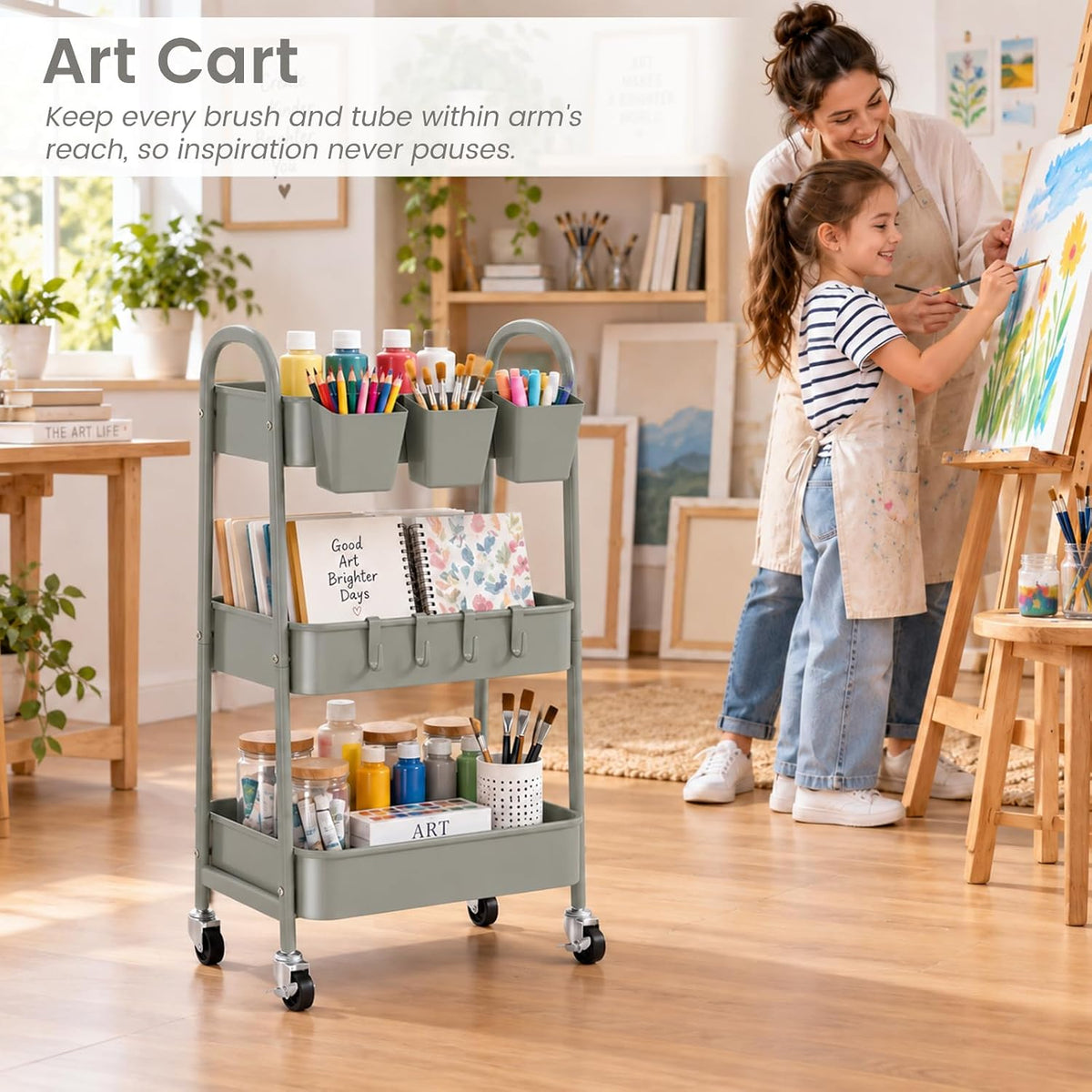 danpinera 3-Tier Rolling Cart, Metal Rolling Storage Cart with Wheels