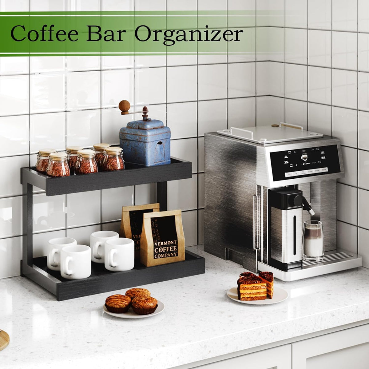 MARTY Counter Shelf Organizer, 2 Tier Spice Rack for Countertop, Black