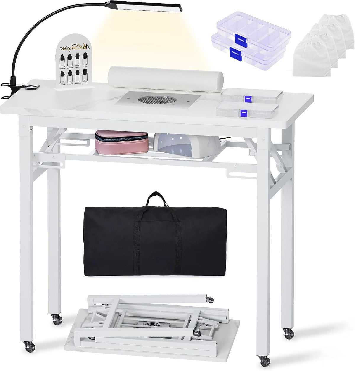 Portable & Foldable Manicure Table w/Dust Collector, Rolling Nail Tech De...