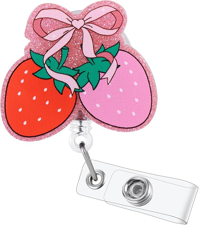 Pink Bow Strawberry Badge Reel | Cute Retractable ID Card Badge Holder | Name by BVIIE