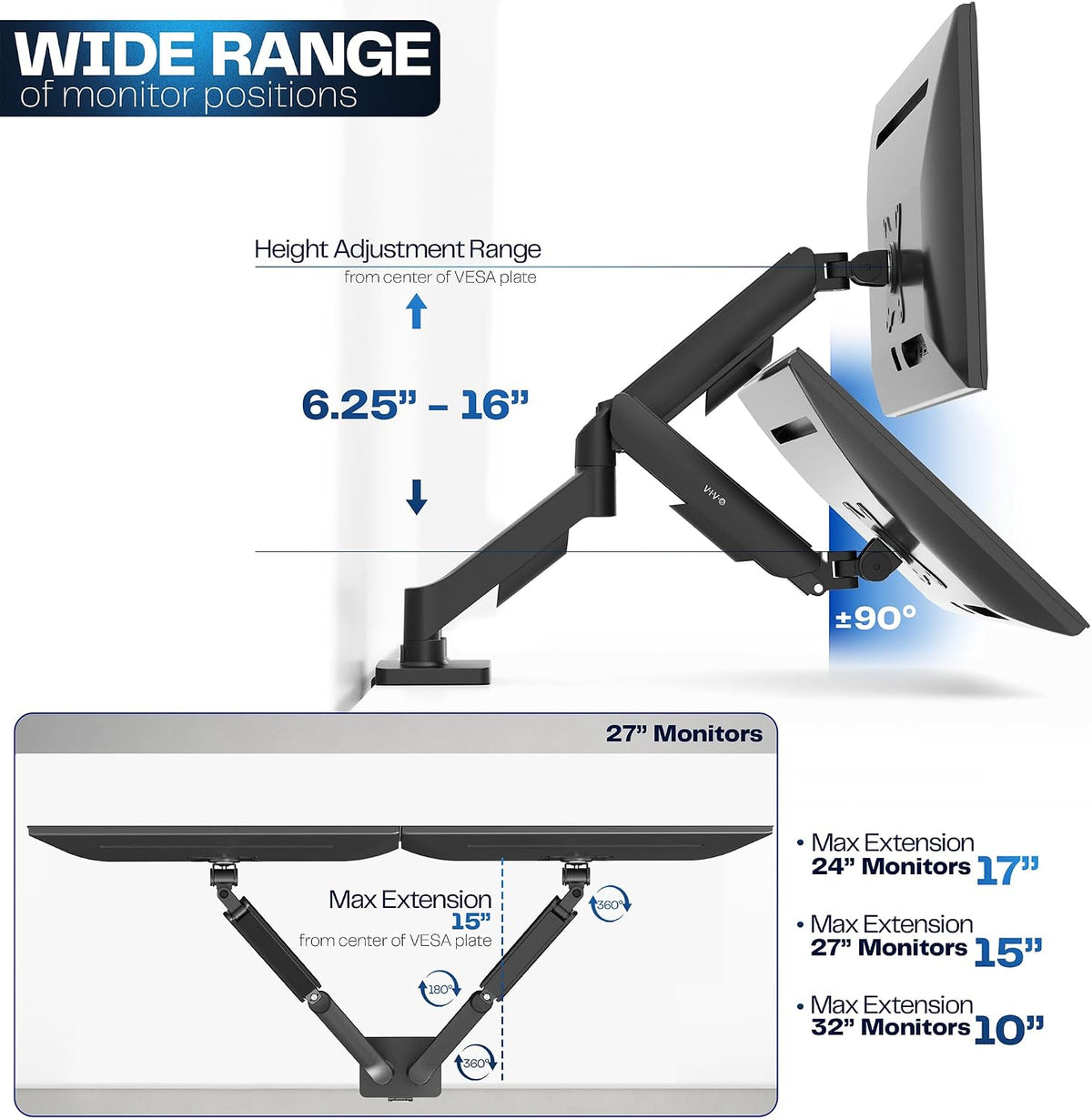 vivo dual monitor stand, fully adjustable arms for, side view