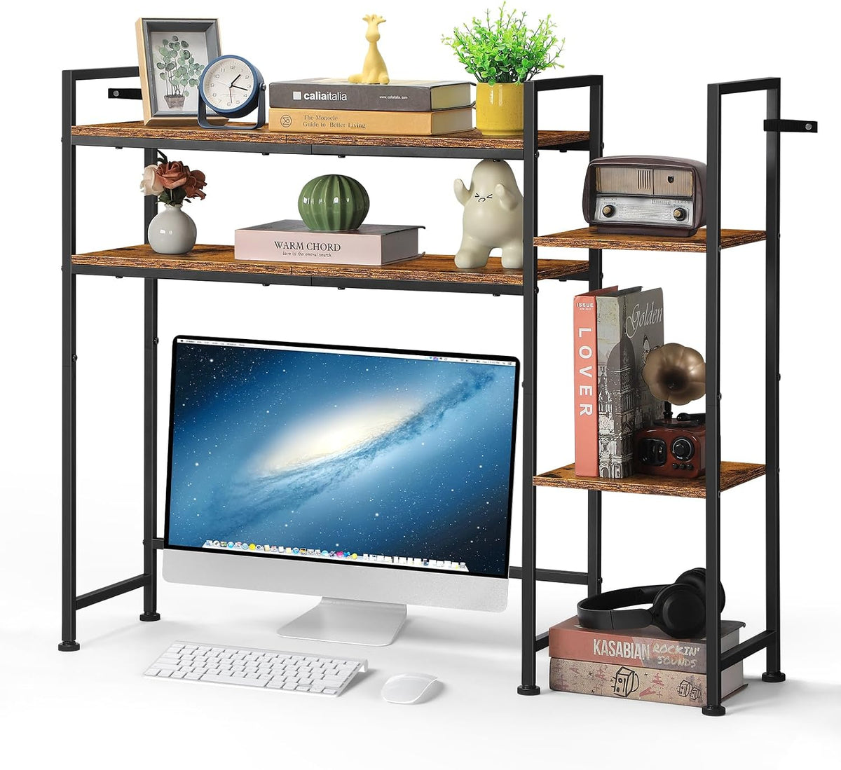 YBING Desktop Bookshelf, 4 Tier Desk Hutch Dorm Wood, Rustic Brown