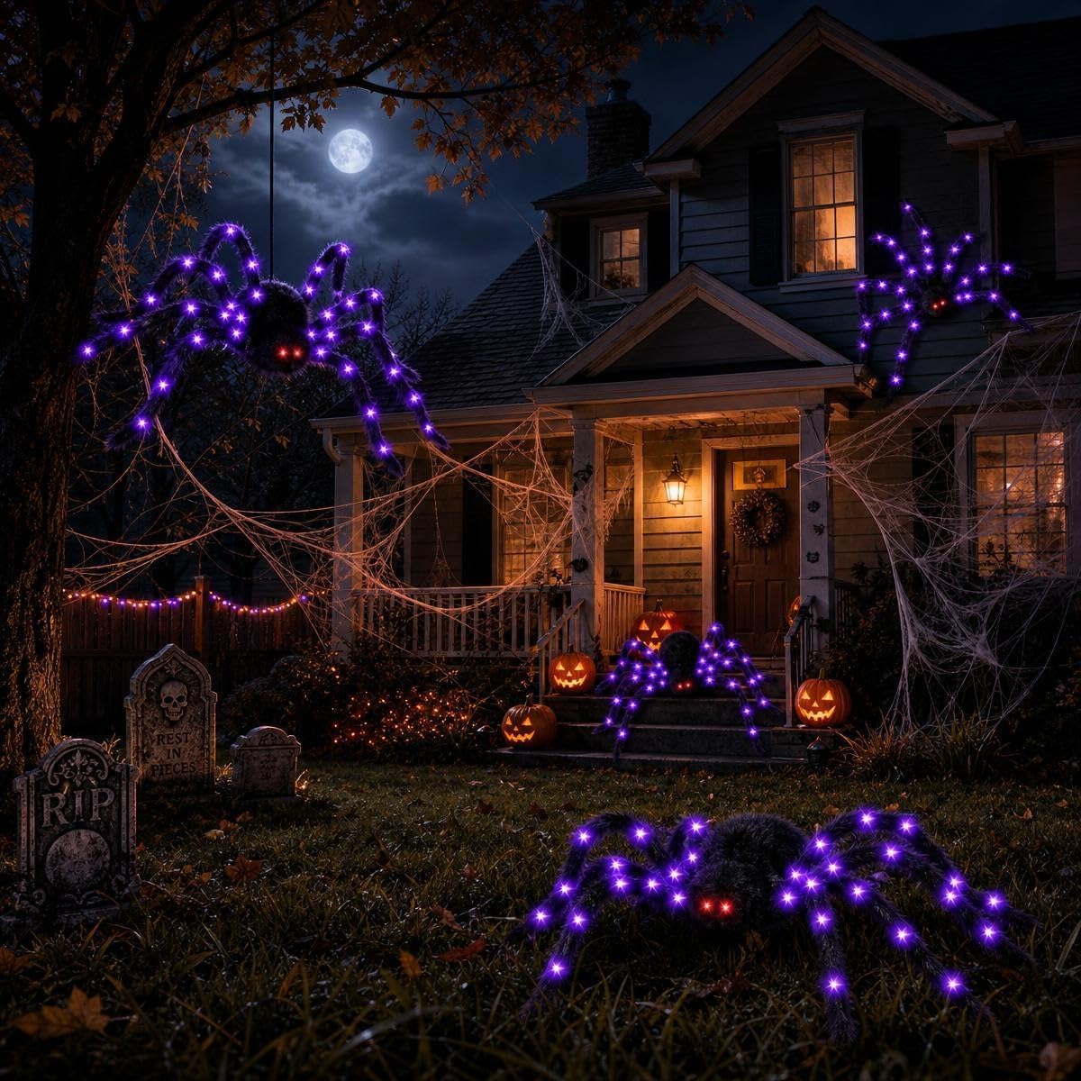 2 Pack 50 Inch Giant Light Up Halloween Spider Decoration Outdoor Indoor,Glow...