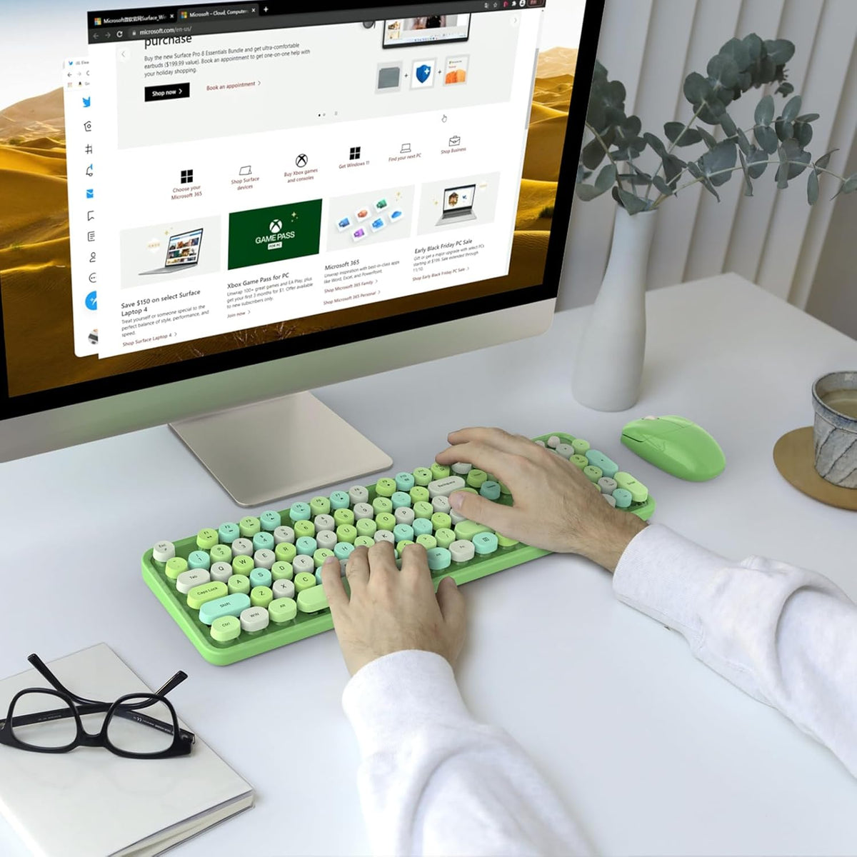 KNOWSQT Wireless Keyboard and Mouse Combo, Green 104 Keys Full-Sized 2.4 GHz ...
