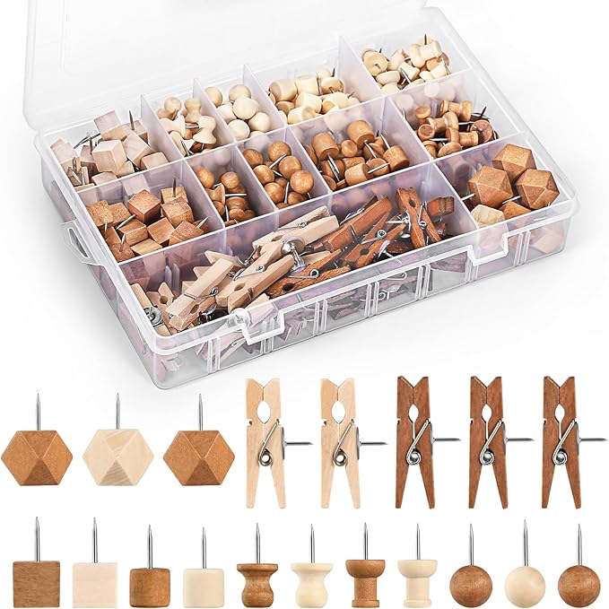 GOOLADA 300Pcs Wooden Push Pins, 2 Colors and 7 Types Decorative Thumb Tacks by GOOLADA