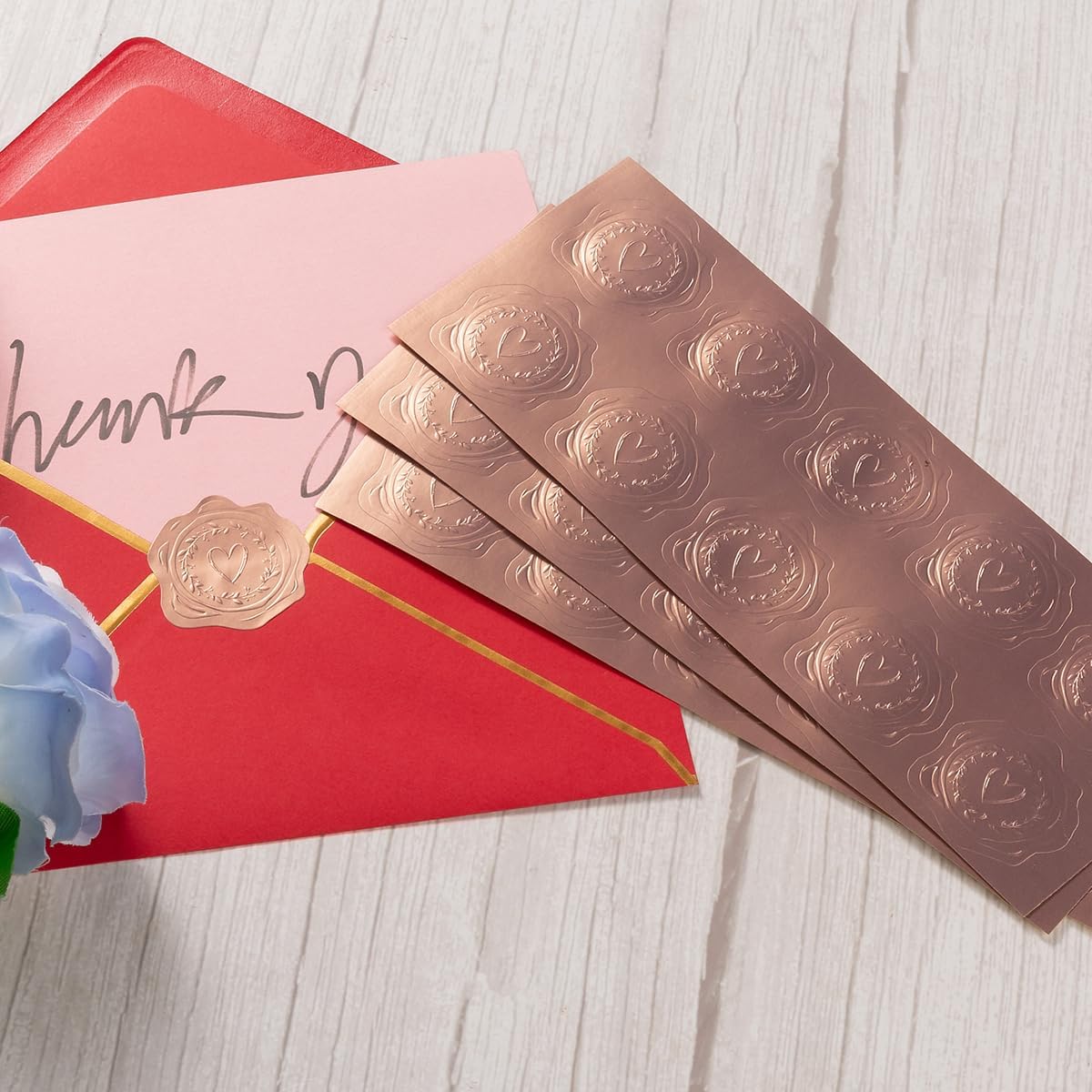 300 Pieces Embossed Gold Foil Stickers, Rose Gold Heart-Love | For Envelopes, Wedding Invitations, Christmas Greeting Cards