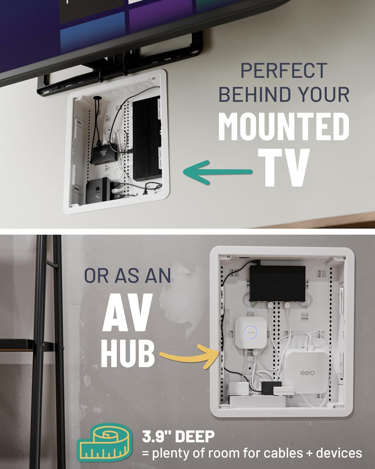 ECHOGEAR 17” in Wall TV Media Box – WiFi Friendly Cable Management Kit