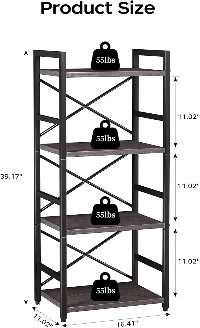 Homeiju Grey Bookshelf, 4 Tier Small Bookcase - Image 3