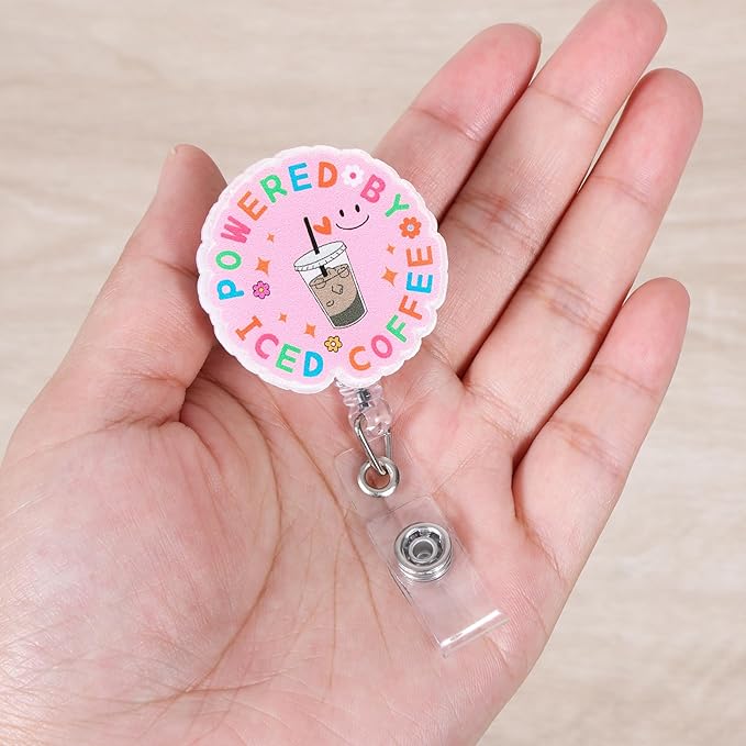 Powered by Iced Coffee Funny Pink Nurse Badge Reel, Cute Retractable ID Card - Image 4
