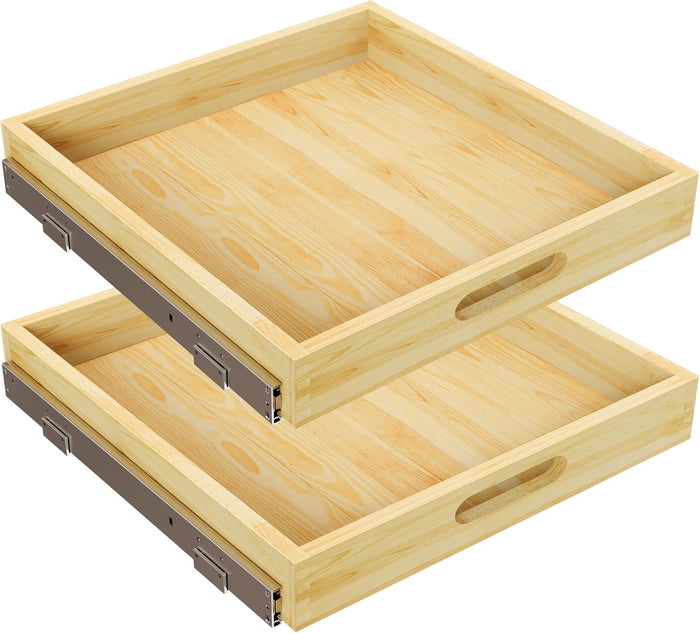 2 Set Pull Out Cabinet Organizer, Soft Close Slide Out Wood Drawer Storage Shelves for Kitchen, Base Cabinet Organization for Pantry, Finished, Heavy-Duty, Bottom Assembly (21” W x 21” D)