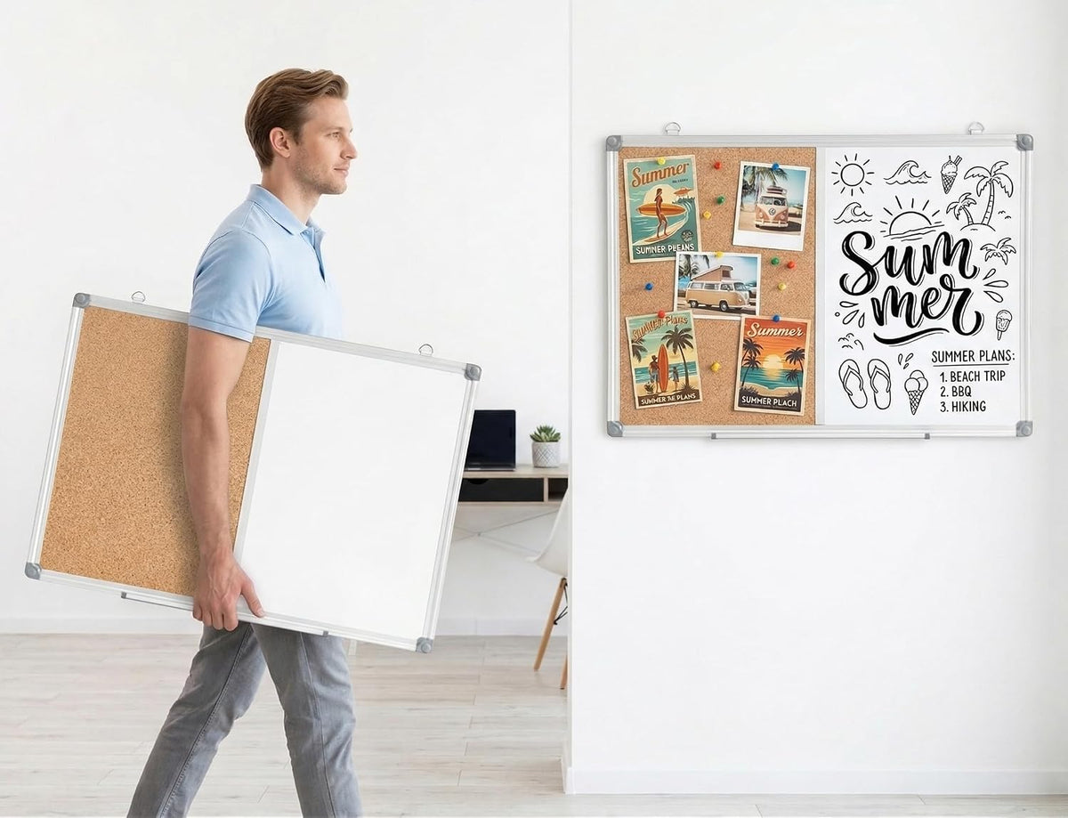 Cork Board and Magnetic Whiteboard Combination Board for Wall, 24" x 18&...