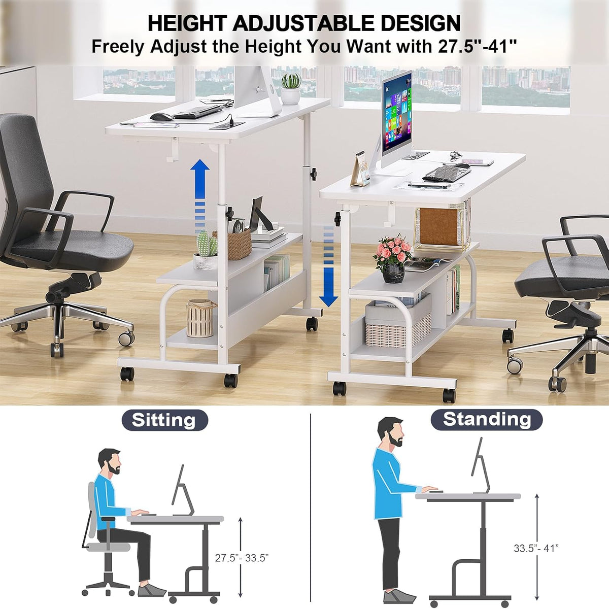 Armocity 47" Rolling Standing Desk with Charging Station for Couch Bed