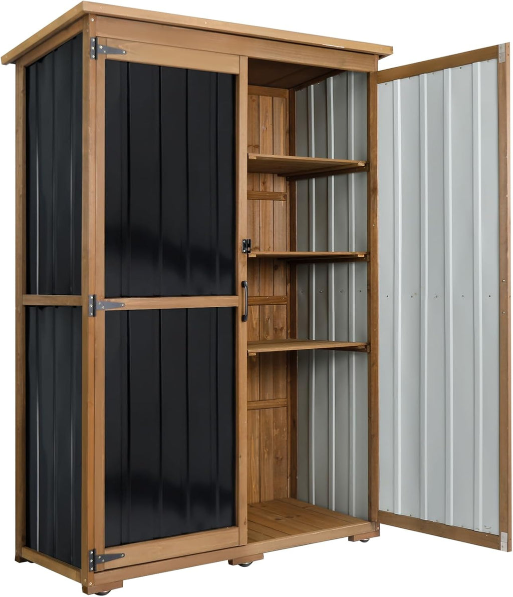 46" l large outdoor storage cabinet with shelves shown in use