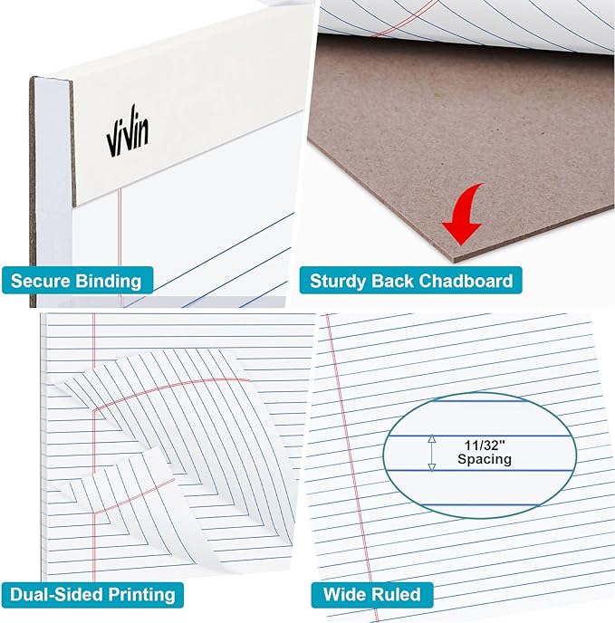 ViVin Legal Pads 8.5 x 11 Inch, Wide Ruled Note Pads, 6 Pack, 50 Sheet/Pad - Image 3