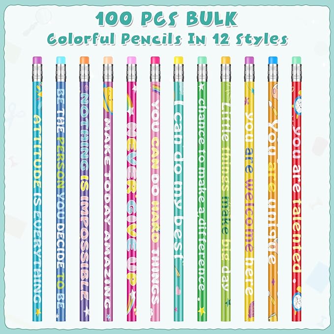 100 Pcs Motivational Pencils Bulk, Rainbow Inspirational School Pencils - Image 2
