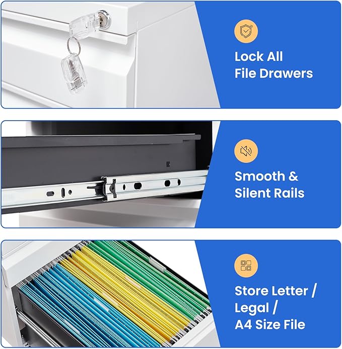 MIIIKO White Filing Cabinet 3 Drawers on Wheels Under Desk, Metal Rolling File - Image 8