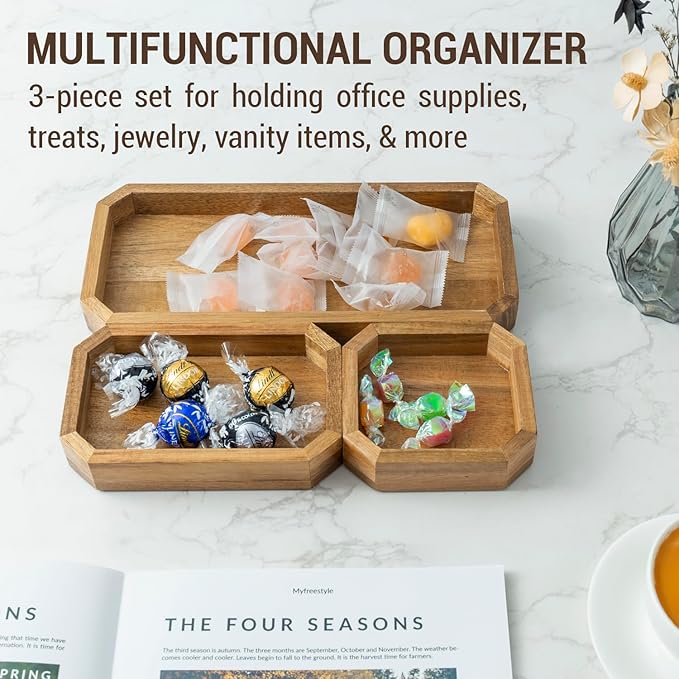 MyGift Premium Solid Acacia Wood Octagonal Desk Organizer Trays Office - Image 3