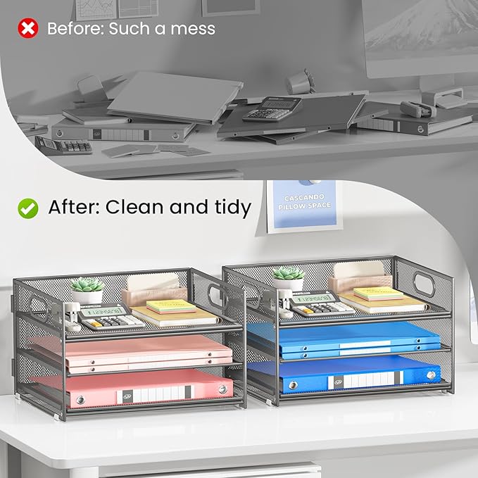Subekyu 2-Pack 3-Tier Gray Metal Mesh Desk Paper Letter Tray & File Sorter - Image 2