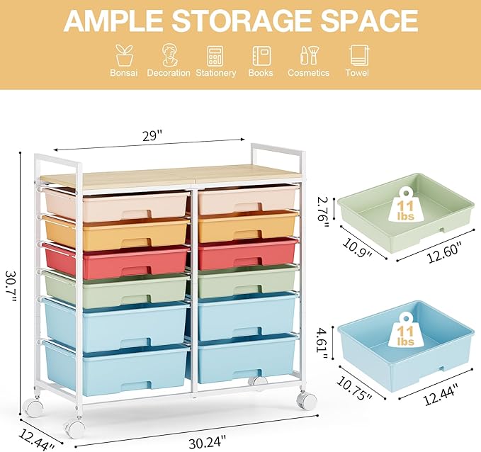 Rolling Storage Cart with 12 Drawers, Wooden Tabletop Utility Cart - Image 3