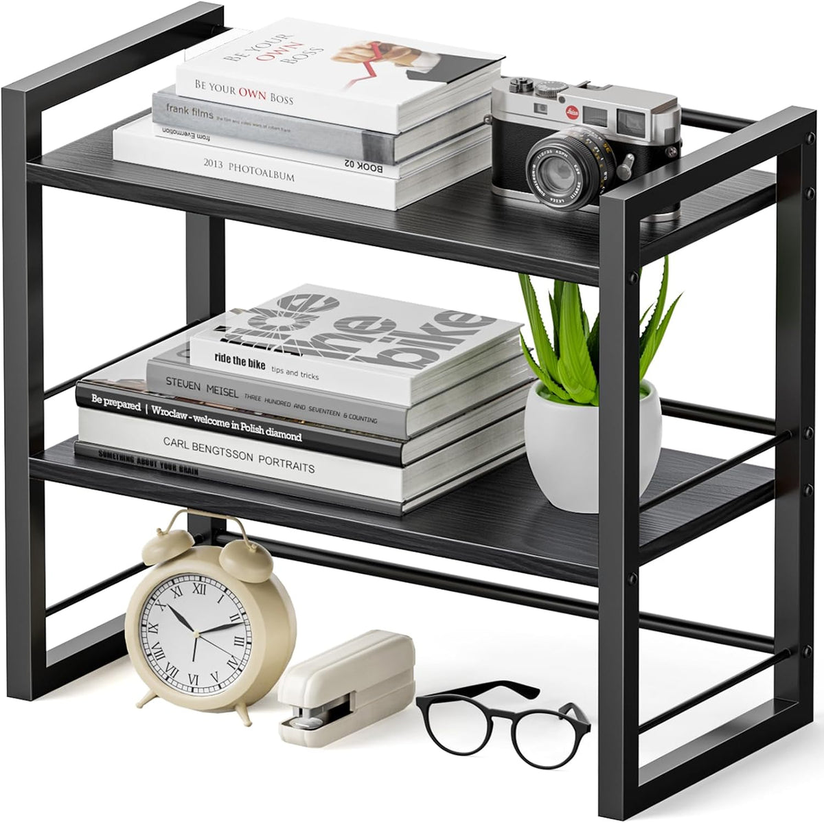 Office Desk Shelf Organizer, Wood Desktop Bookshelf Supplies Storage Rack, Sh...