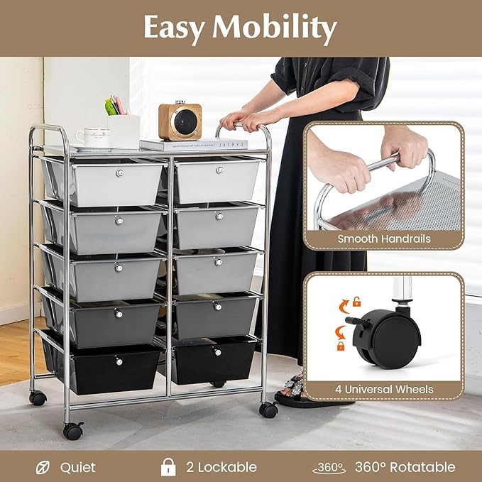 LDAILY 10 Drawer Rolling Cart, Storage Cart Organizer on Wheels, Drawer Cart - Image 4