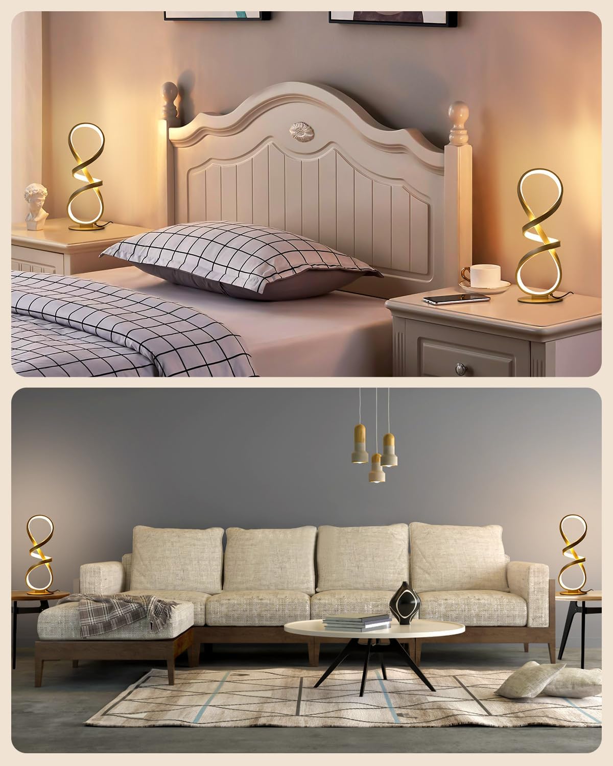 Gold Cool Table Lamps Set of 2, Modern LED Spiral Desk Light