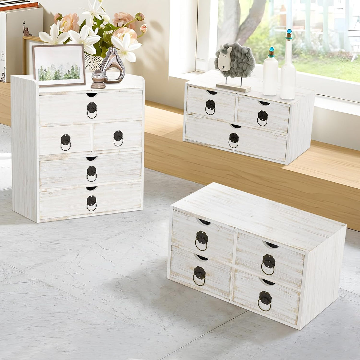 Wood Desk Organizer with Drawer, White Wooden Desktop Organizer, Tabletop Sto...