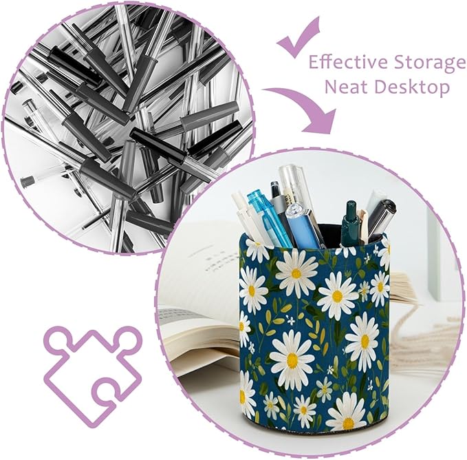 Leather Pen Holder for Desk Small Daisies Leaf Pencil Cup Desktop Organizer - Image 4