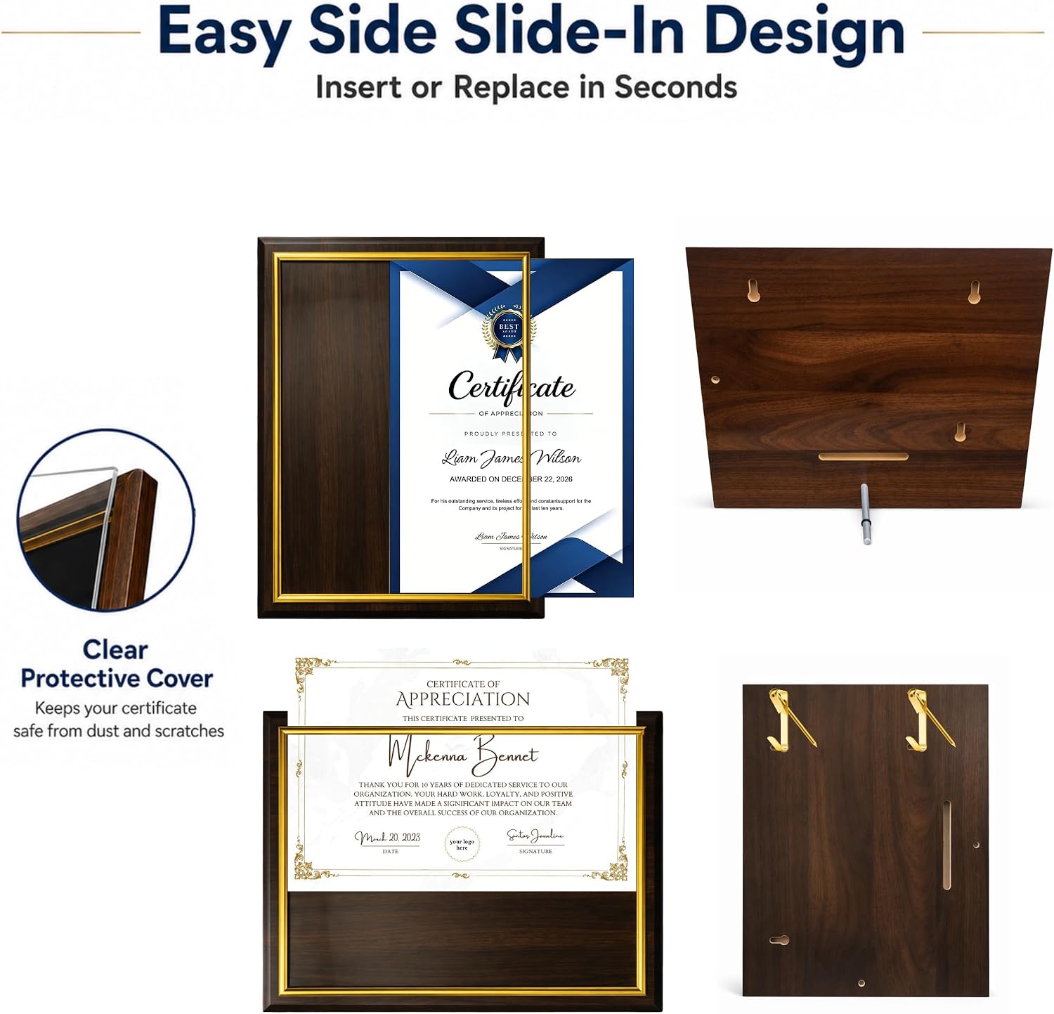 Certificate Plaque Award 8.5 x 11" Cherry Wood Grain, Gold Border | Slide-in acrylic cover,10.5x13 in High density engineered wood, for awards, diplomas, volunteer gifts, family wall, School