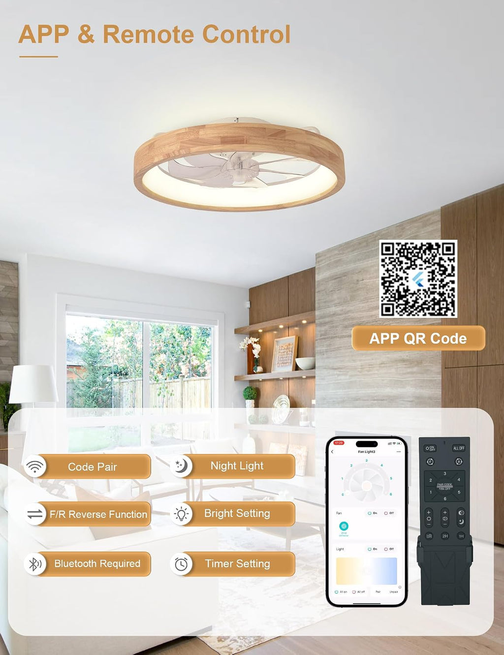 24" low profile flush mount wood fandelier ceiling showing dimensions