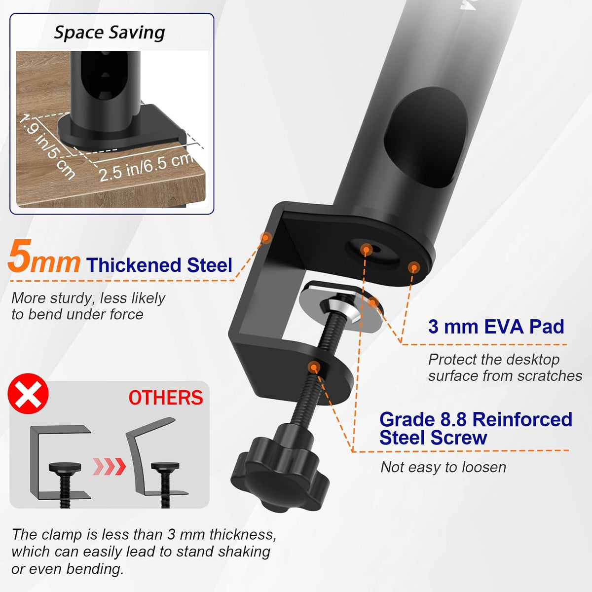 Vondynote Pair of Desktop Clamp Speaker Stands 12°Tilt, Cable Management