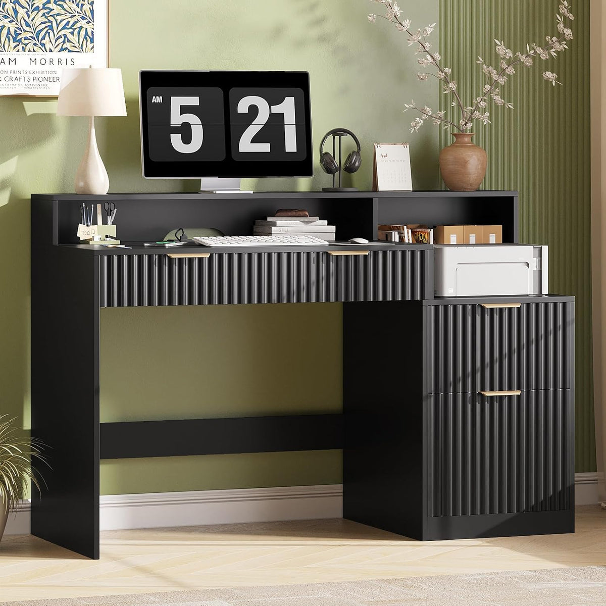 Vabches Fluted Computer Desk with Power Outlets, Home Office Desk with Drawer...