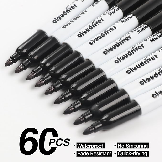 cloudriver Black Permanent Markers Fine Tip, 60 Packs Permanent Markers Bulk - Image 2