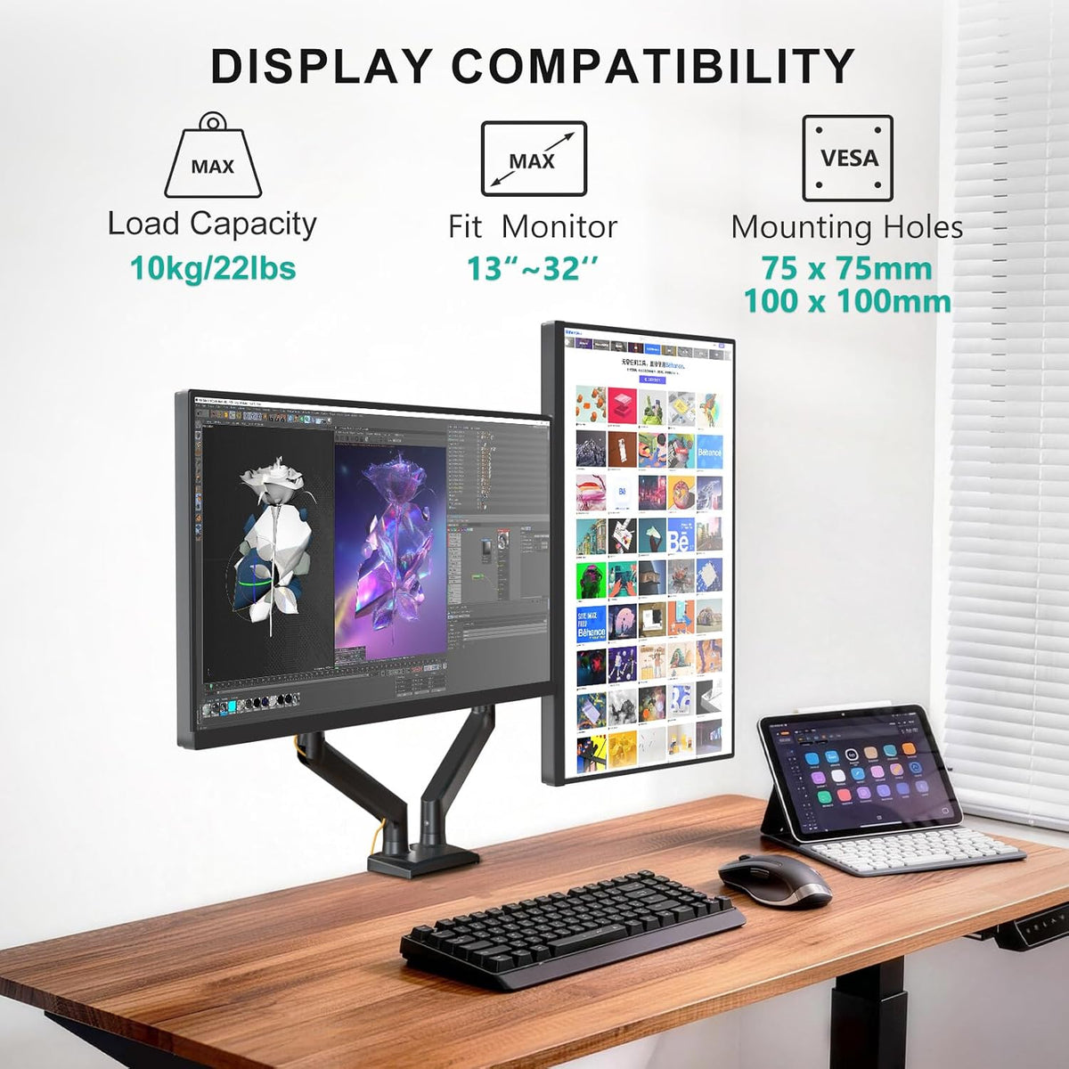 wali adjustable dual monitor arm for 13-32 inch shown in use