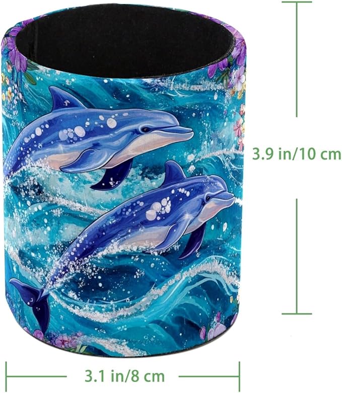 Leather Pen Holder for Desk, Dolphins Flowers Pencil Cup Desktop Organizer - Image 4