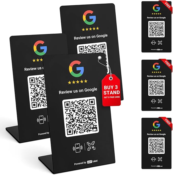 HotLabel – Google Review Stand 3-Pack + Bonus Google Review Tap Card 3-Pack – by Hotlabel