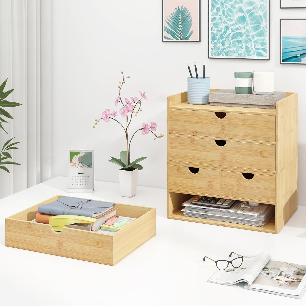 Bamboo Desk Drawer Organizer, Large Desktop Organizer with Drawers Tabletop S...