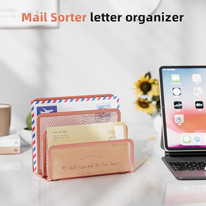 Marbrasse Mail Organizer for Desk, 3-Slot Mesh Metal Mail Holder countertop - Image 3